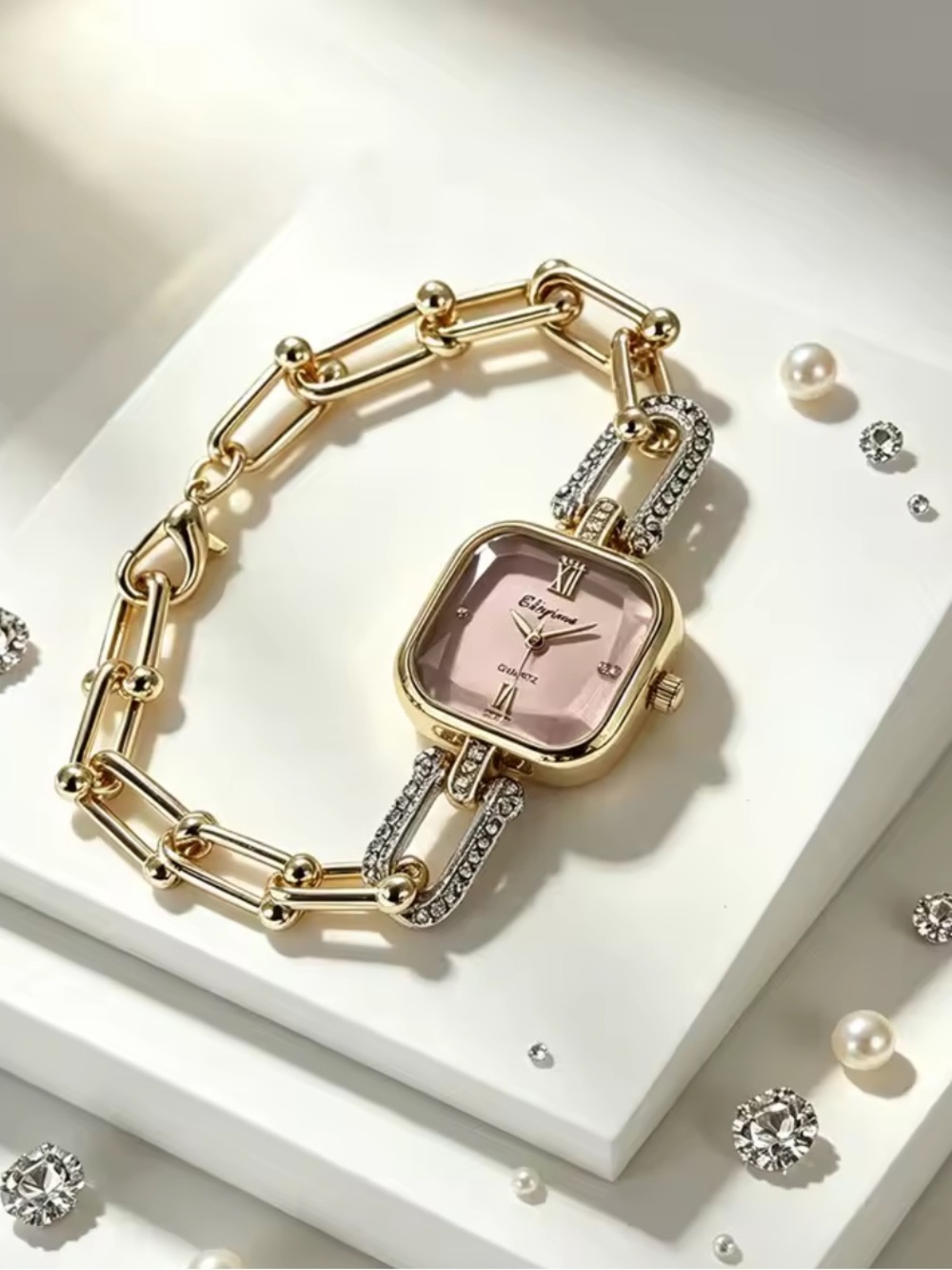 Target Gold-Tone Women's Bracelet Watch with Pink Dial and Crystal Accents